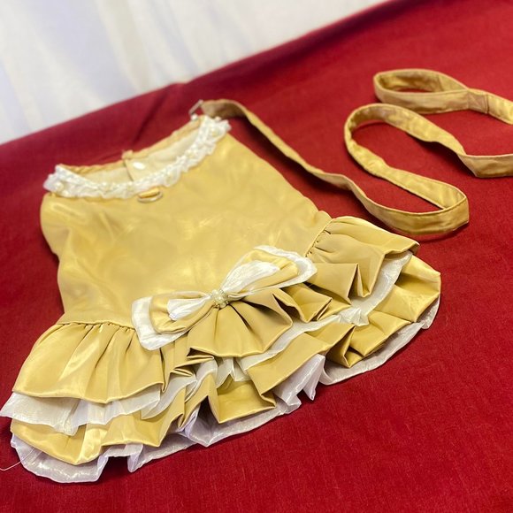 Ruffle Gold Dog Dress Matching Leash Formal Pearl Studded Bow Accent Pet Wedding - Picture 2 of 13